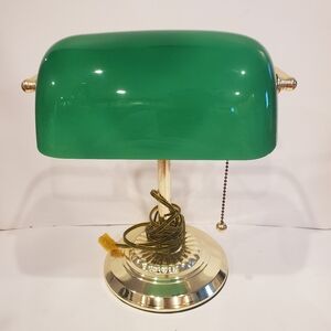 Vintage Bankers Desk Lamp Emerald Green Glass Shade Brass Base Pull Chain